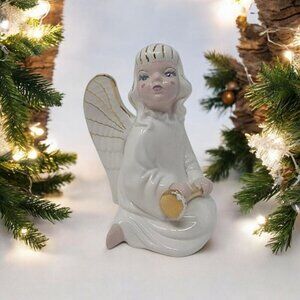 Signed Vintage Christmas Decor Hand Painted White Angel & Horn Figurine 1972